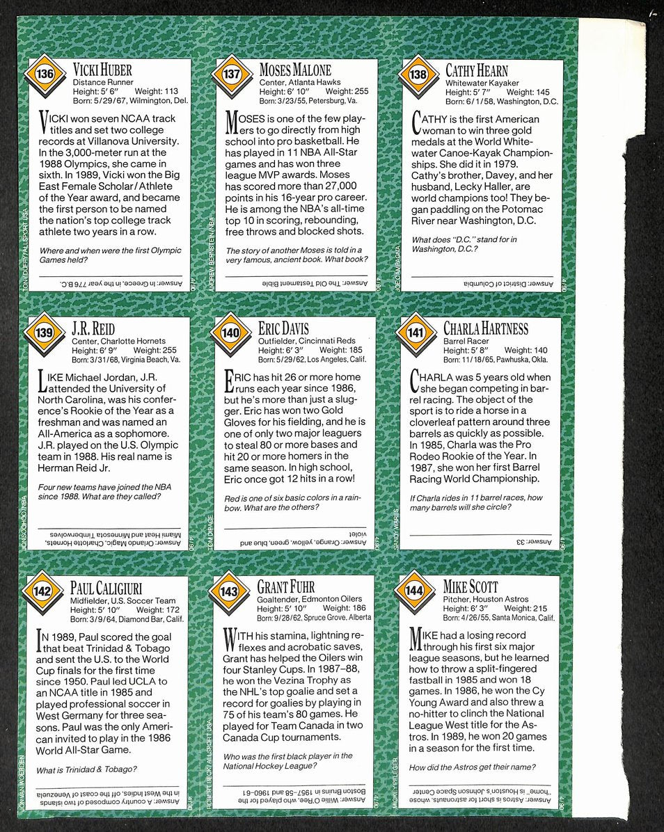 1990 Sports Illustrated for Kids 9 Card Uncut Sheet Moses Malone/Davis 211273
