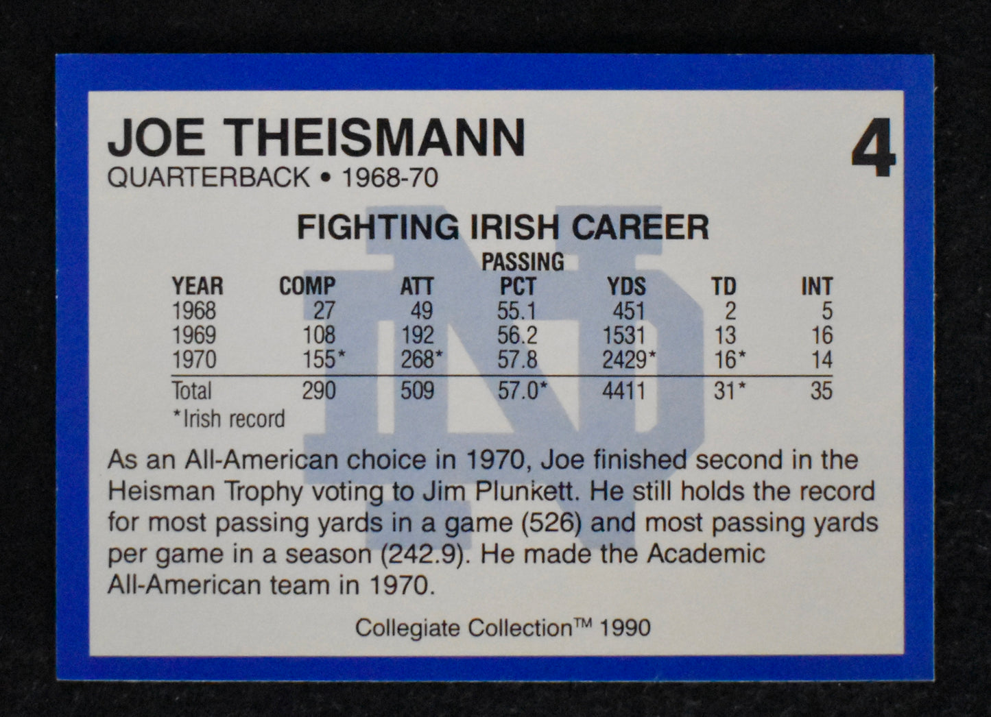 Lot of (300) 1990 Collegiate Collection Card #4 Joe Theisman Notre Dame 211295