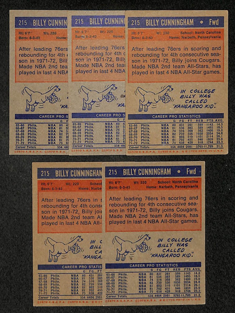 Lot of (5) Billy Cunningham Carolina Cougars 1972-73 TOPPS Card #215 211333