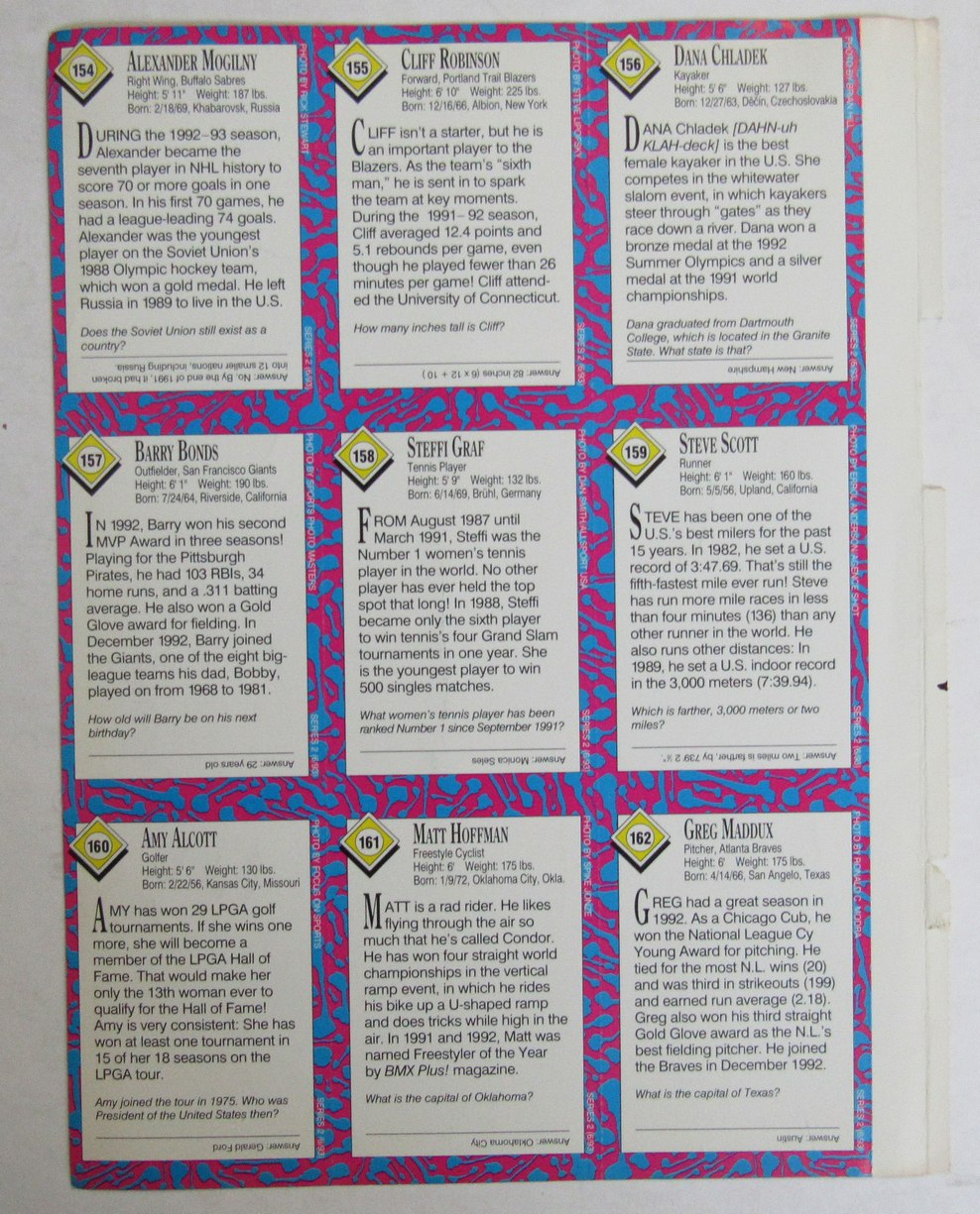 1993 Sports Illustrated for Kids 9 Card Uncut Trading Card Sheet Bonds 210979