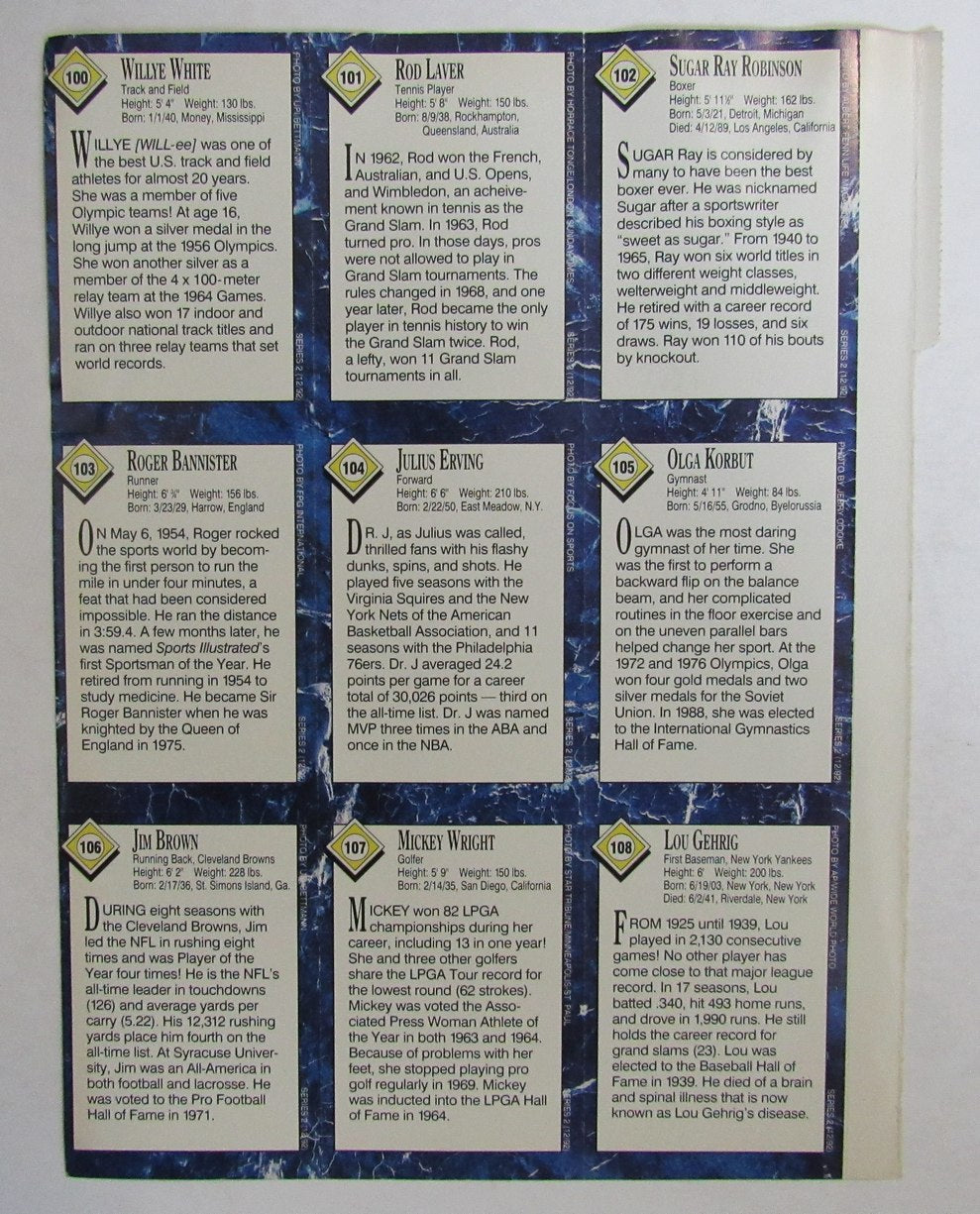1992 Sports Illustrated for Kids 9 Card Uncut Sheet Dr.J, Gehrig, Brown 210980