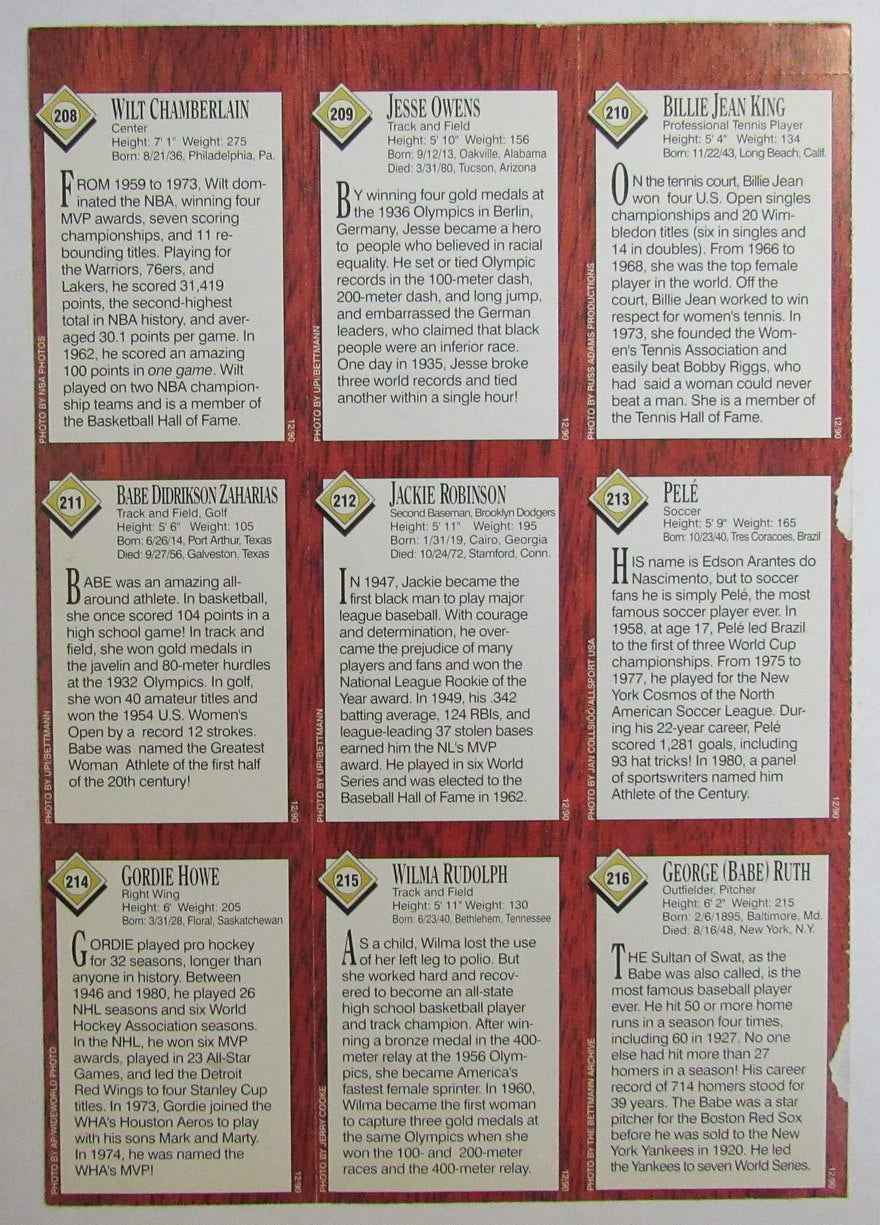 1990 Sports Illustrated for Kids 9 Card Uncut Sheet Wilt, Ruth, Pele 210982