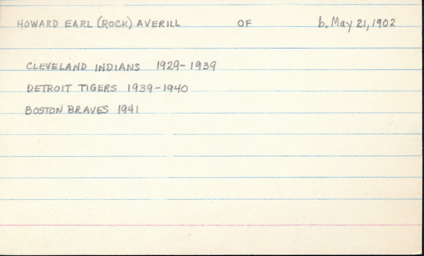 Earl Averill HOF Cleveland Indians Signed/Autographed 3x5 Index Card 210335