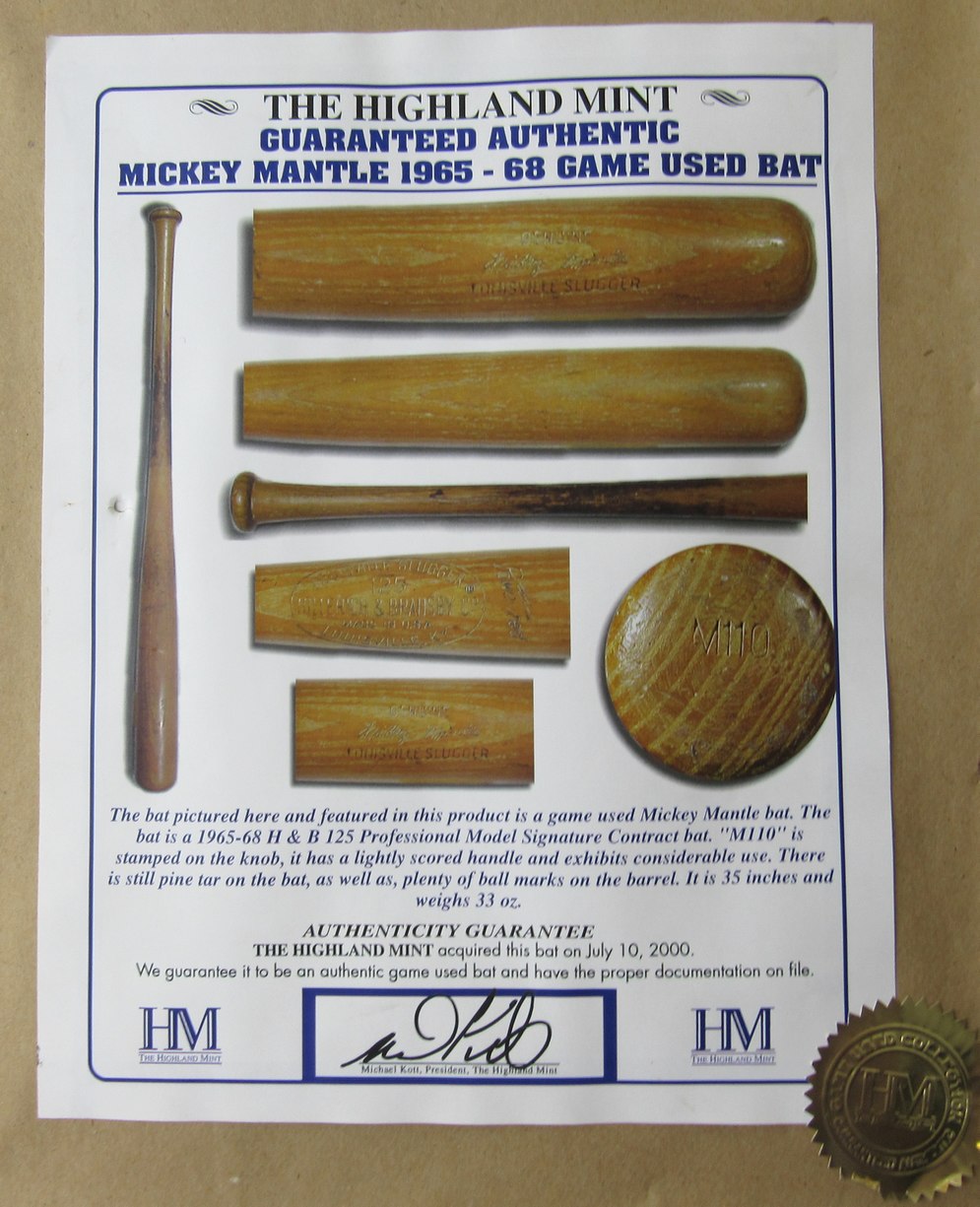 Mickey Mantle Yankees Framed Photo and Game Used Bat 1965-68 Highland Mint IXL21