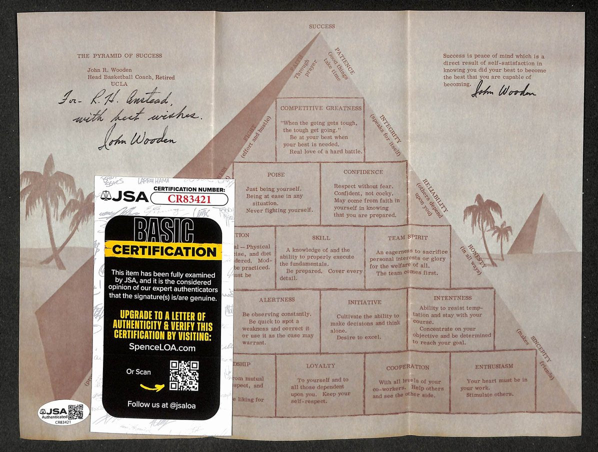 John Wooden HOF Autographed/Signed The Pyramid of Success Paper JSA BA211713