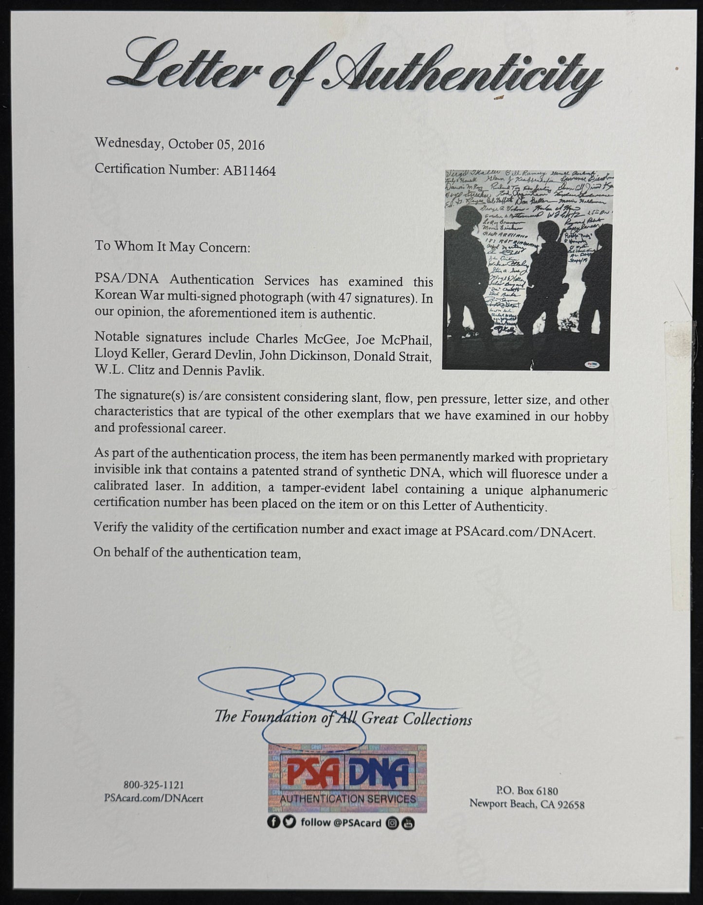 Korean War Soldiers Autographed/Signed by (47) 11x14 Photo PSA Letter BA211669