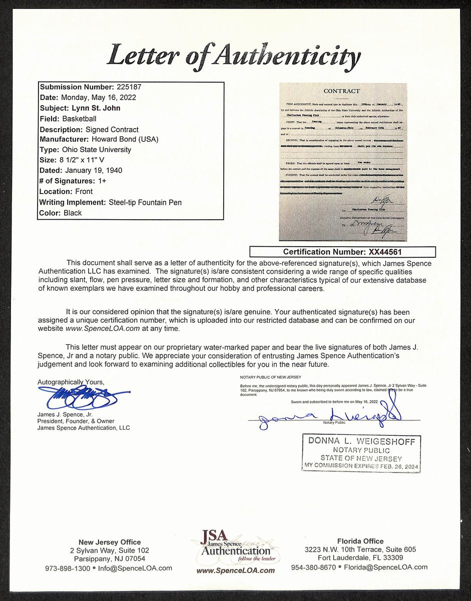 Lynn St. John HOF Signed 1940 Contract Ohio State & Charleston JSA 198957