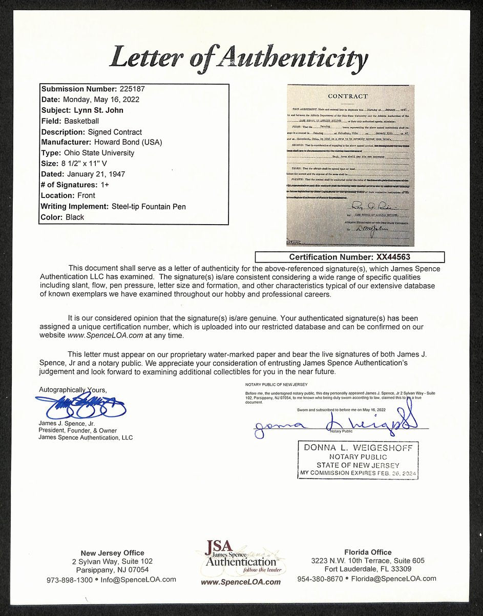 Lynn St. John HOF Signed 1947 Contract Ohio State & Case Western JSA 198959