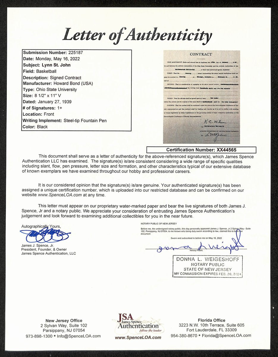 Lynn St. John HOF Signed 1939 Contract Ohio State & Northwestern JSA 198961