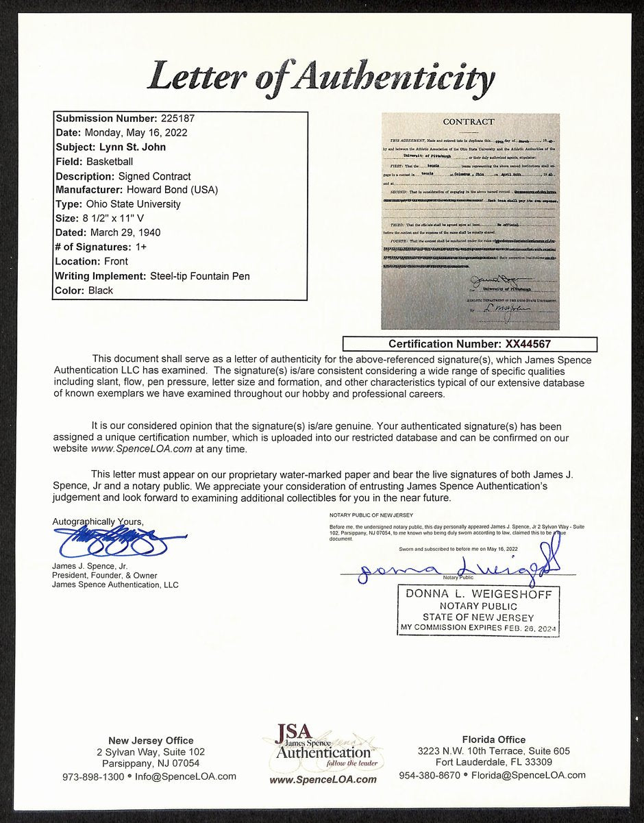 Lynn St. John HOF Signed 1940 Contract Ohio State & Pitt JSA 198963