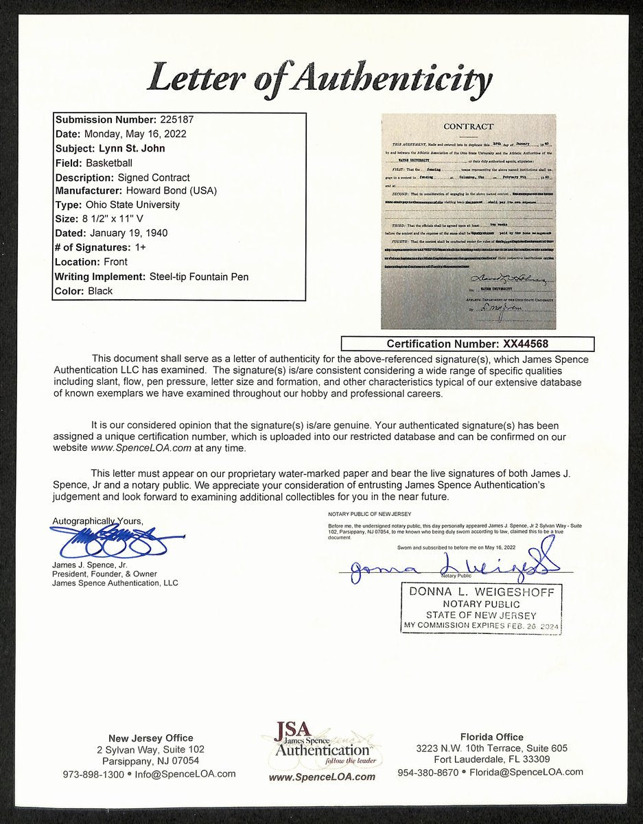 Lynn St. John HOF Signed 1940 Contract Ohio State & Wayne U JSA 198964