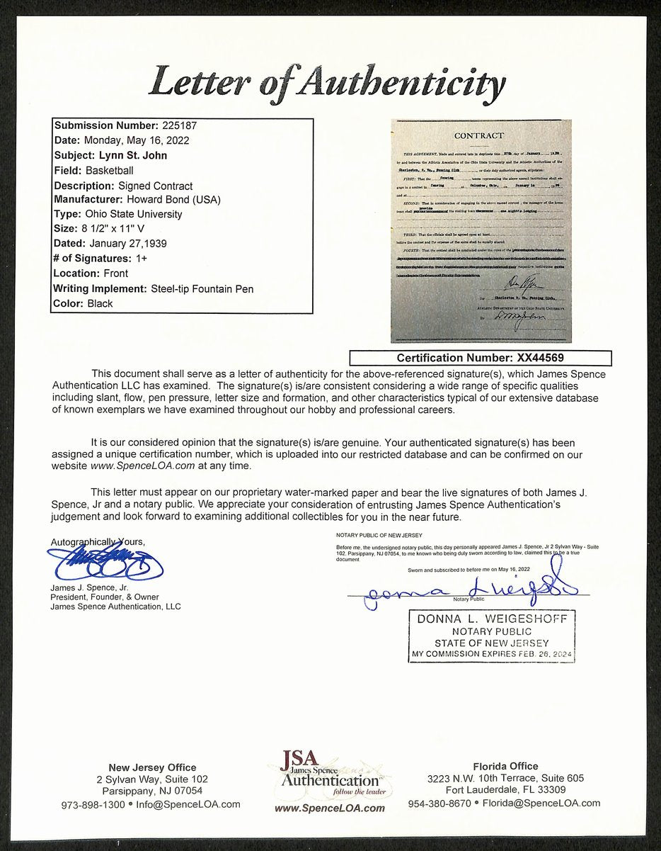 Lynn St. John HOF Signed 1939 Contract Ohio State & Charleston W JSA 198971
