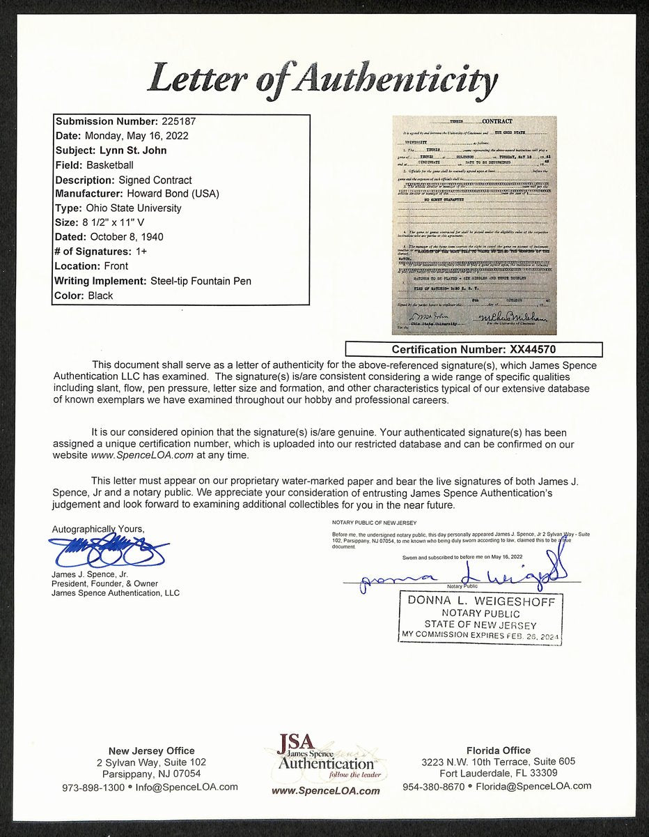 Lynn St. John HOF Signed 1941 Contract Ohio State & Cincinnati JSA 198972