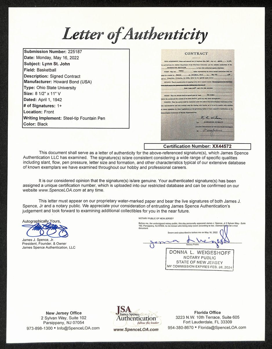 Lynn St. John HOF Signed 1942 Contract Ohio State & Northwestern JSA 198974