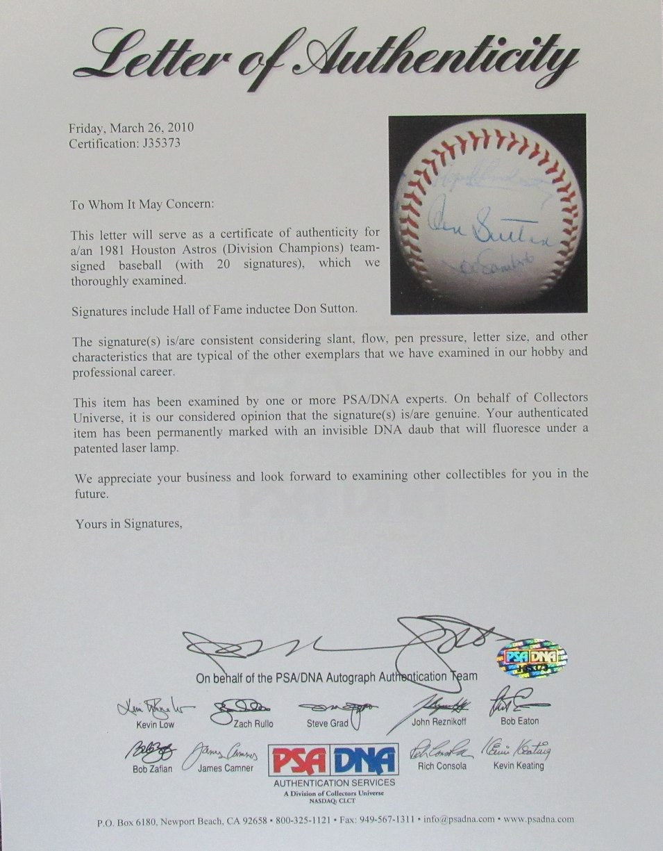 1981 Astros Team Signed/Auto (20) Astros Baseball Sutton HOF PSA/DNA 196305