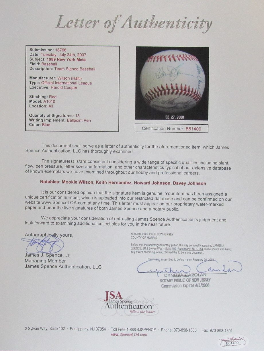 1989 Mets Team Signed/Autographed (13) OIL Baseball Johnson/Wilson JSA 196308