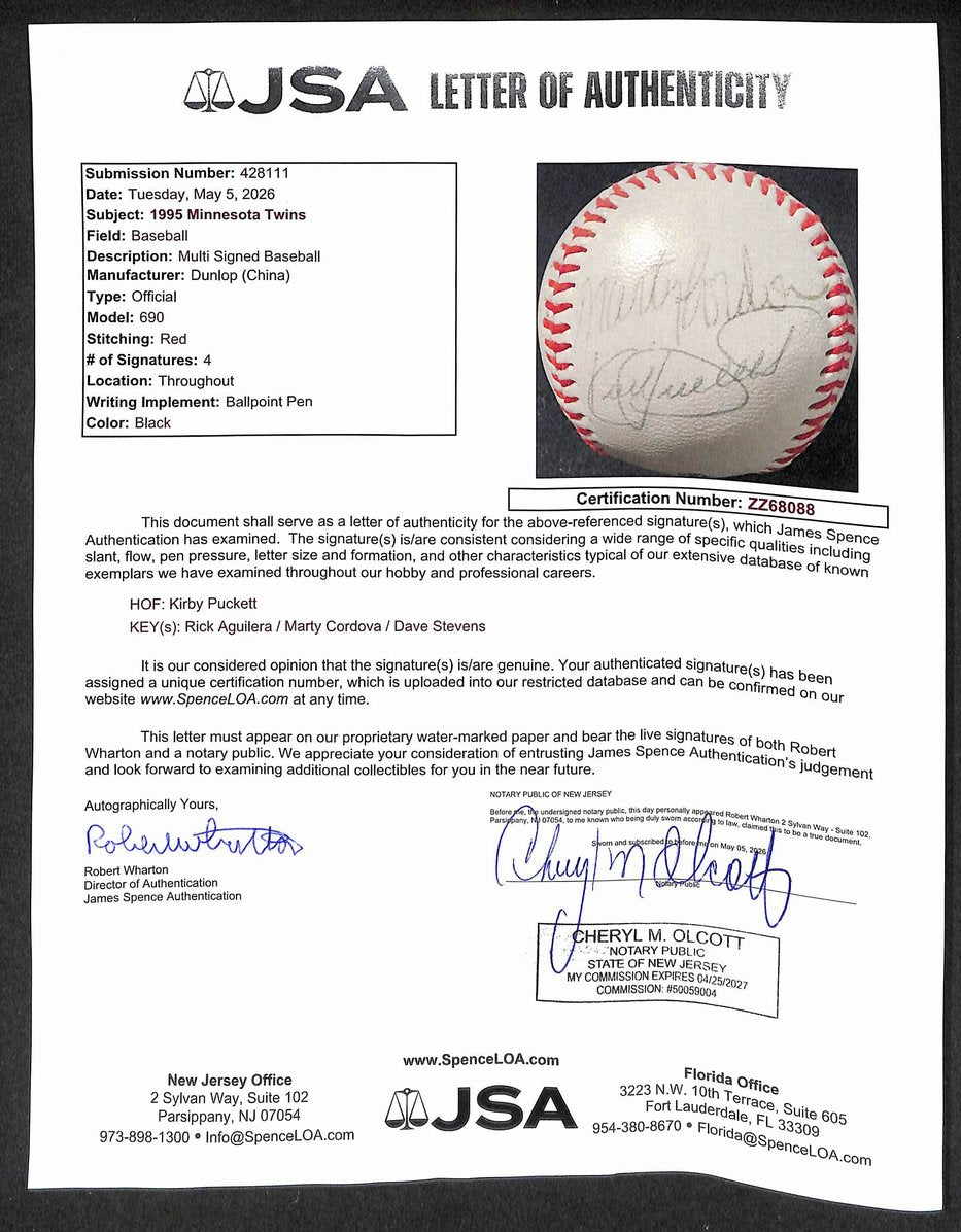 Dunlop Baseball signed by (4) Minnesota Twins Kirby Puckett HOF JSA 211881