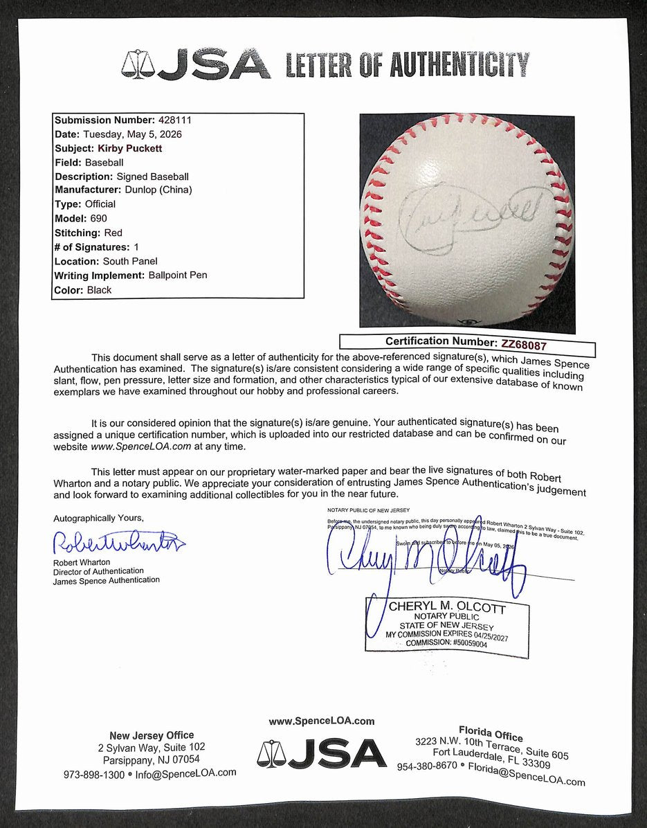 Kirby Puckett HOF Signed/Autographed Dunlop Baseball Minnesota Twins JSA 211883