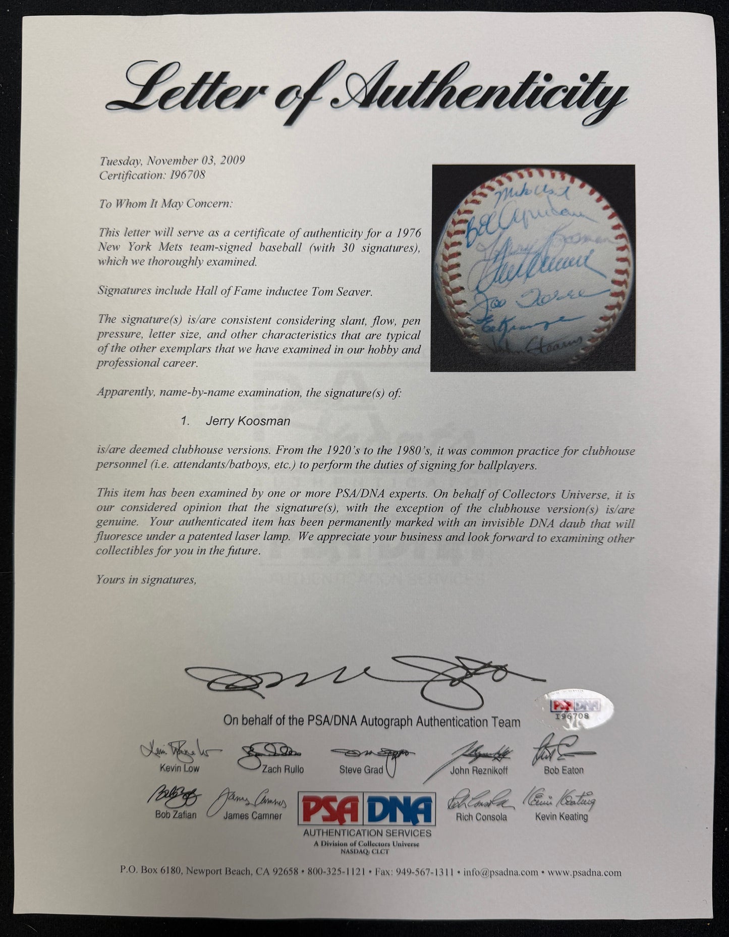1976 New York Mets Team-Signed ONL Baseball (30) Tom Seaver PSA/DNA 212328