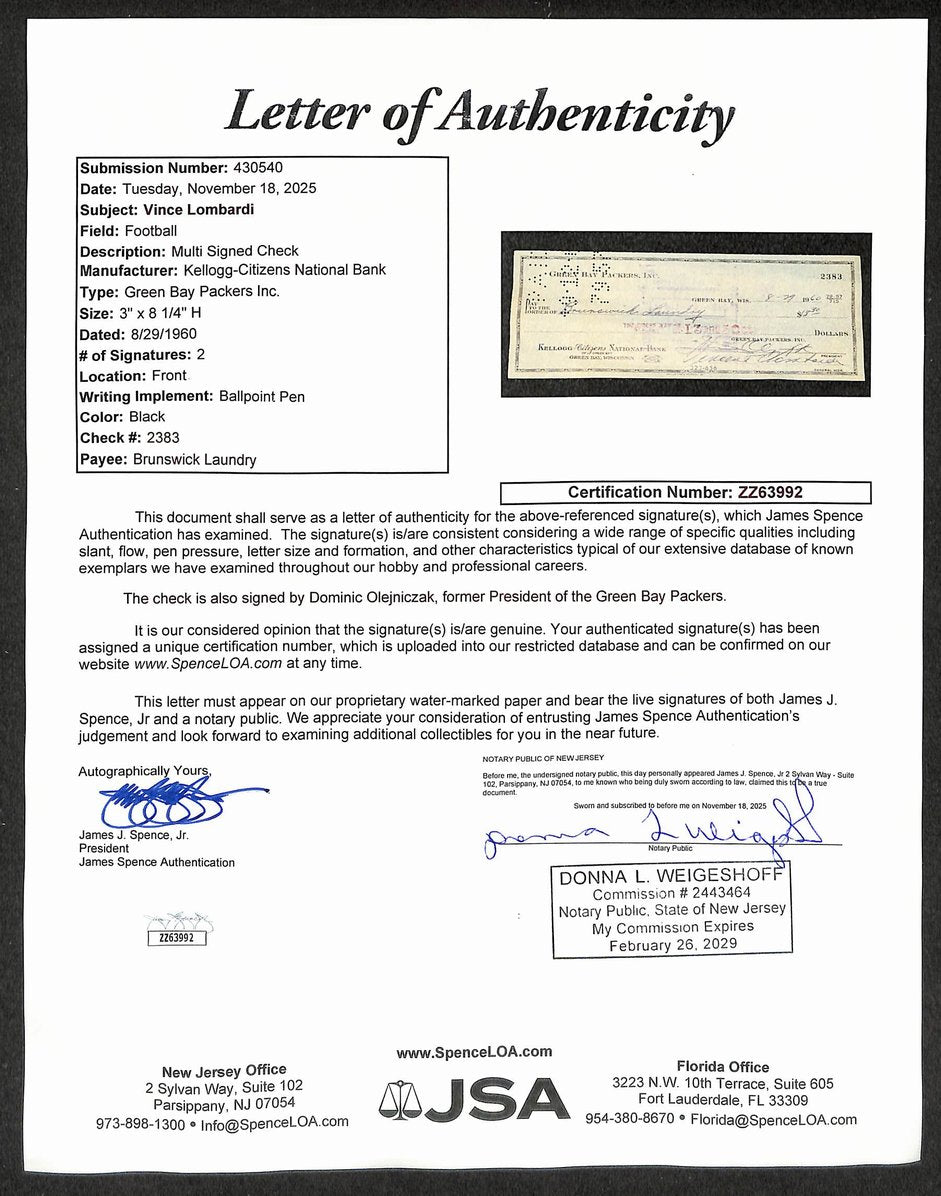 Vince Lombardi HOF Packers Signed/Autographed 1960 Bank Check JSA LOA 212346