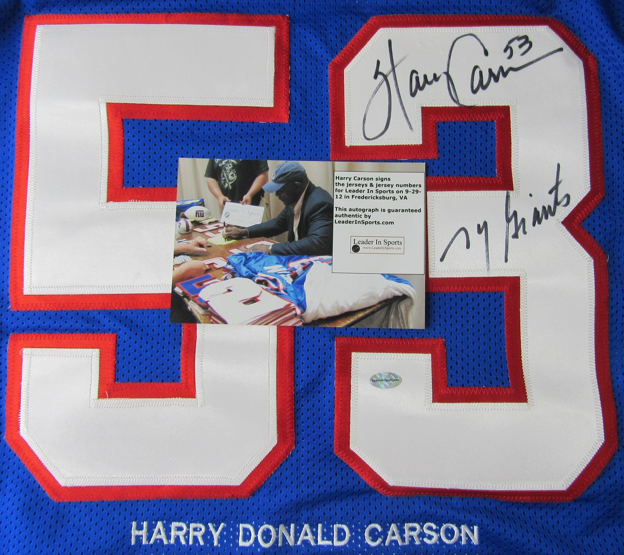 Harry Carson HOF Signed/Inscr Blue Giants Custom Football Stats Jersey LS XHC74