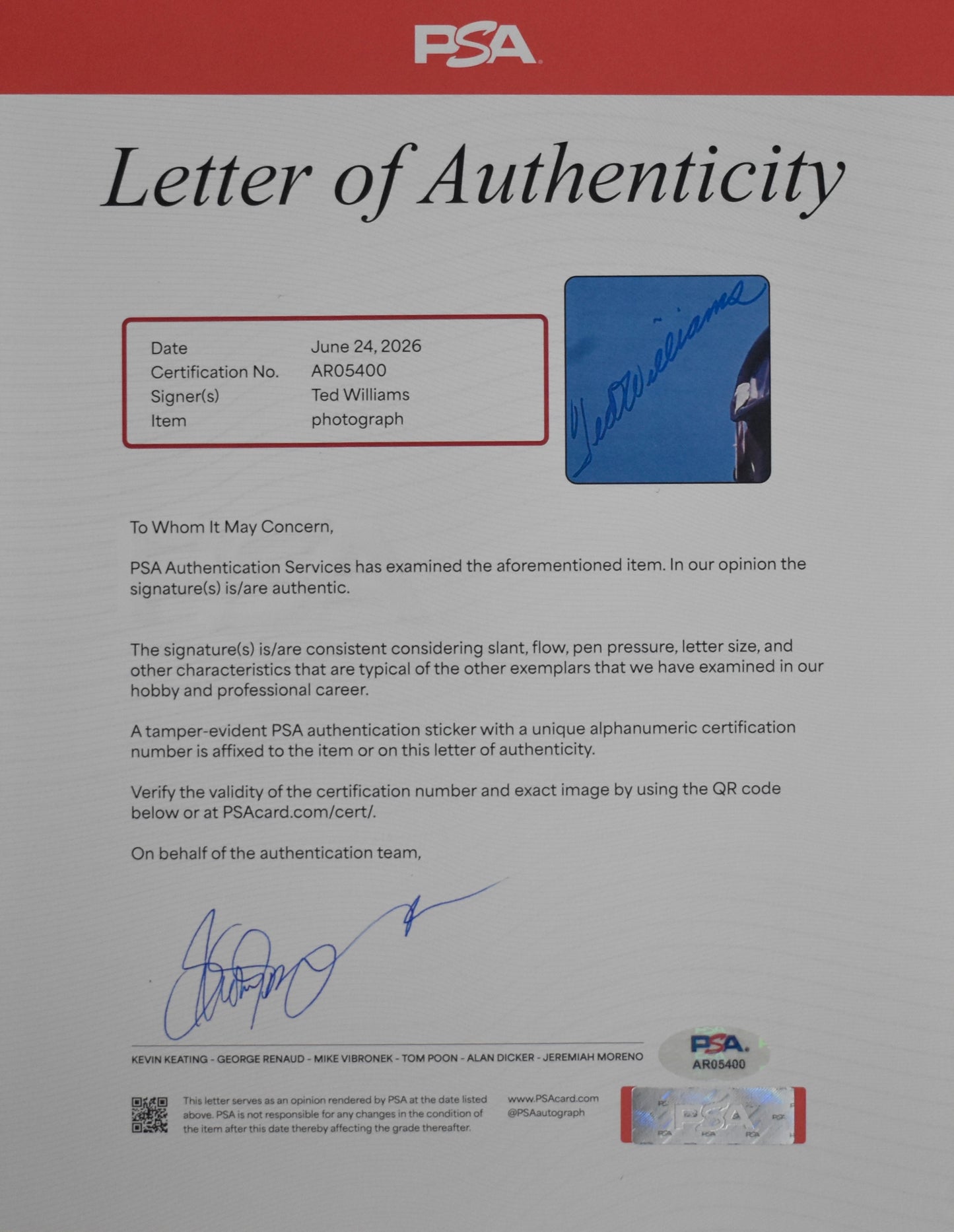 Ted Williams HOF Signed 16x20 Photo Red Sox PSA Letter Green Diamond Holo 212186