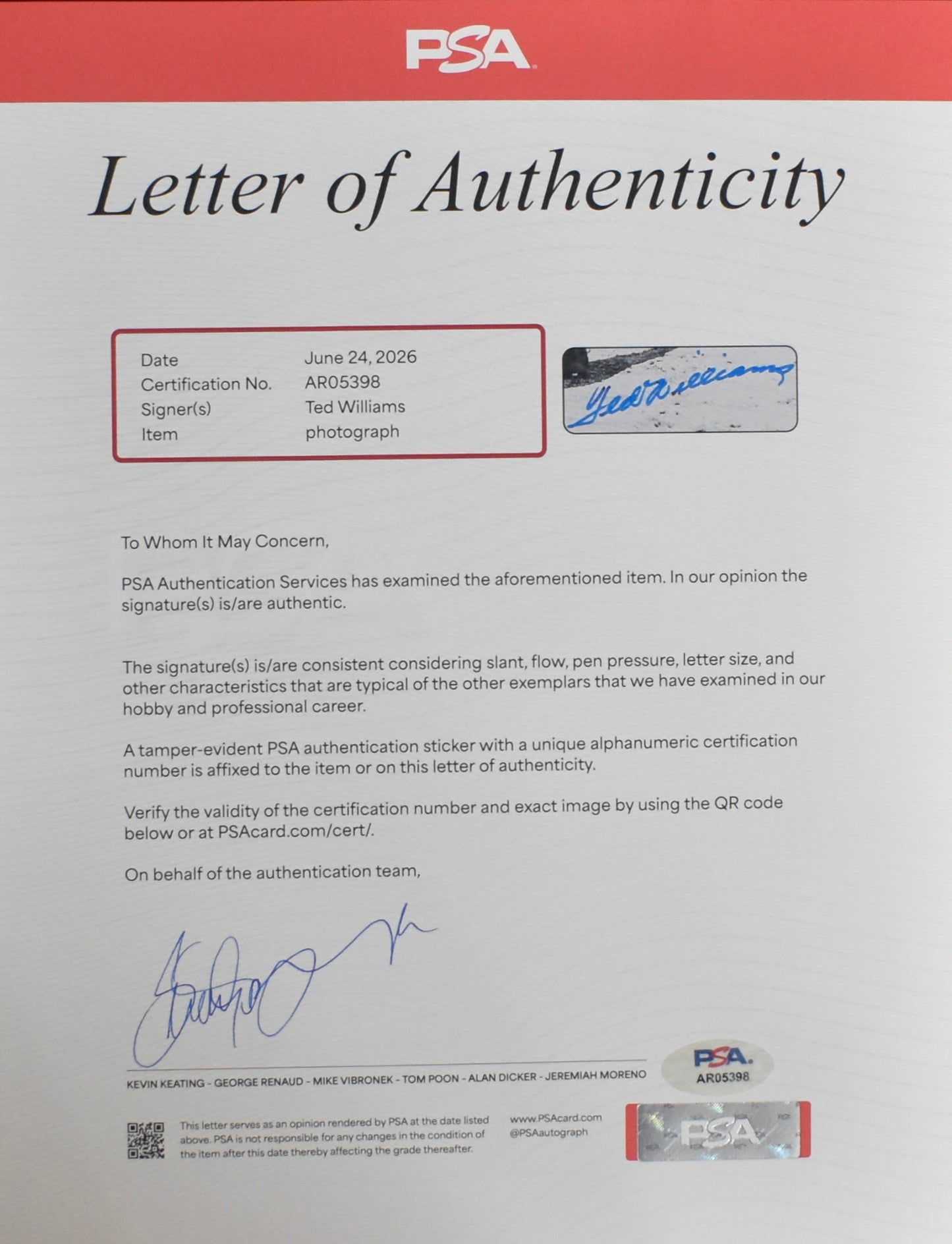 Ted Williams HOF Signed 16x20 Photo Red Sox PSA Letter Green Diamond Holo 212187