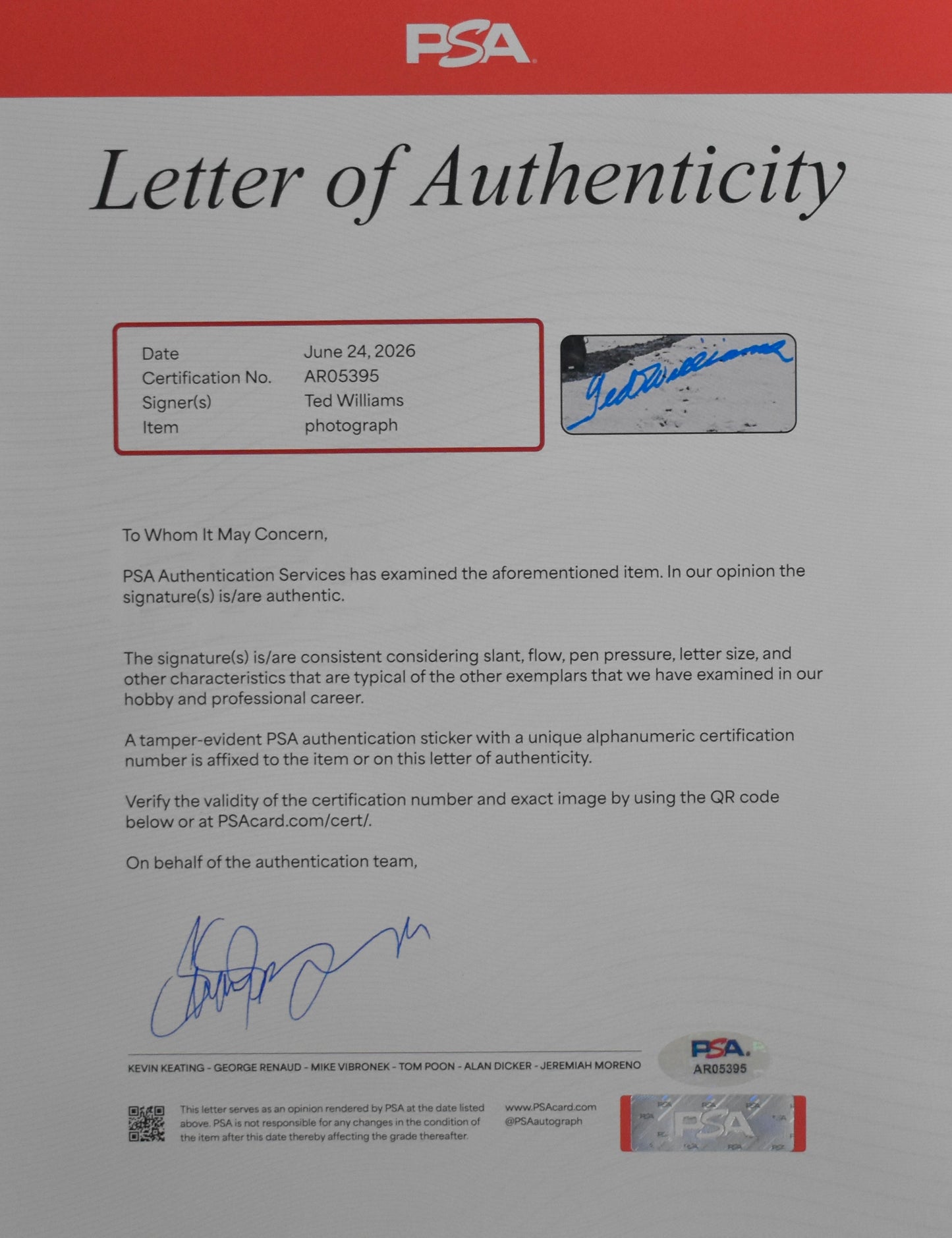 Ted Williams HOF Signed 16x20 Photo Red Sox PSA Letter Green Diamond Holo 212190