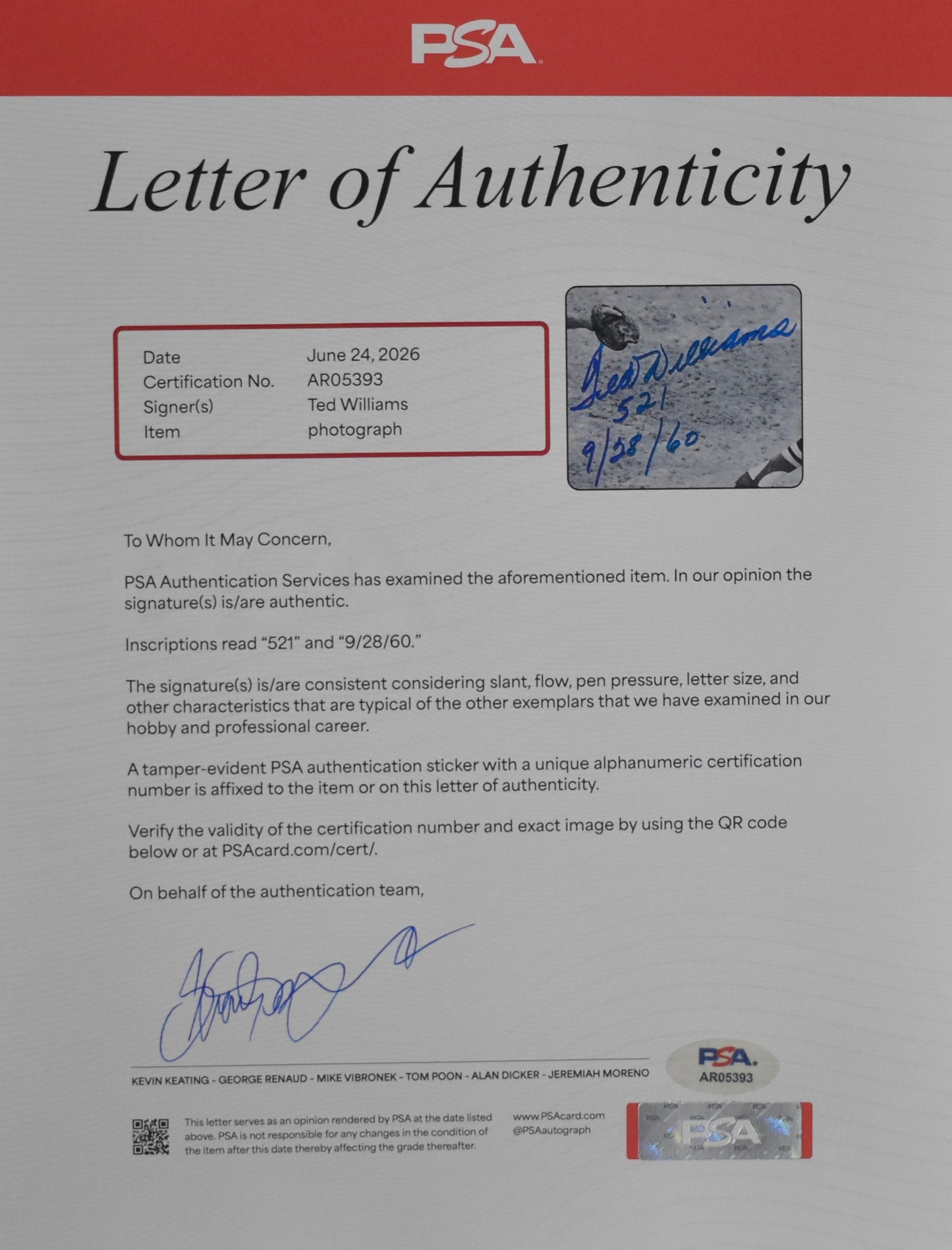 Ted Williams HOF Signed 16x20 Photo Red Sox PSA Letter Green Diamond Holo 212192