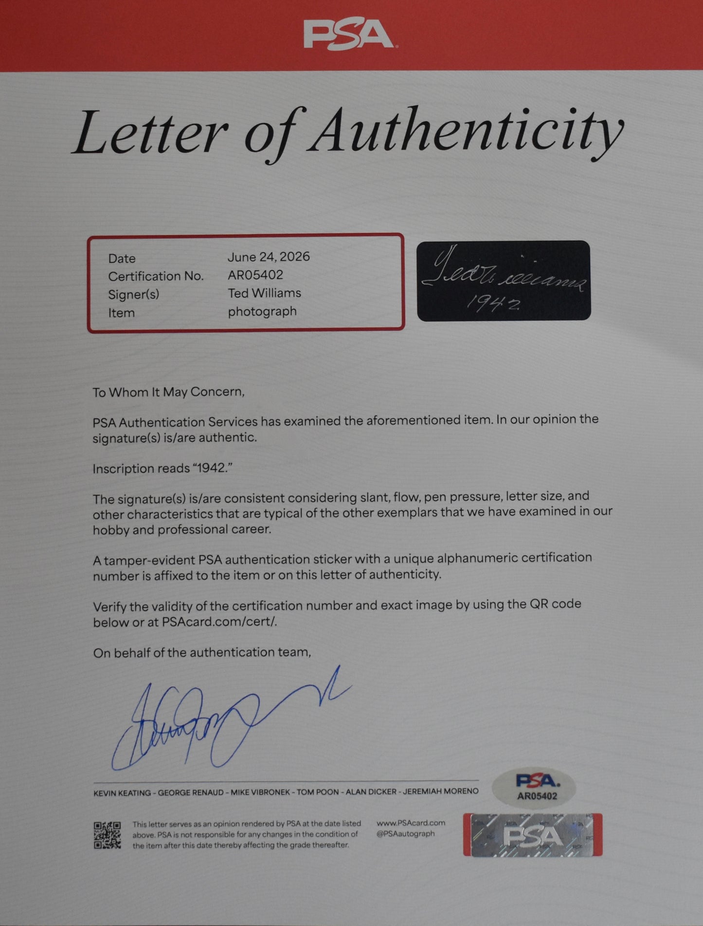 Ted Williams HOF Signed 16x20 Photo Red Sox PSA Letter Green Diamond Holo 212183