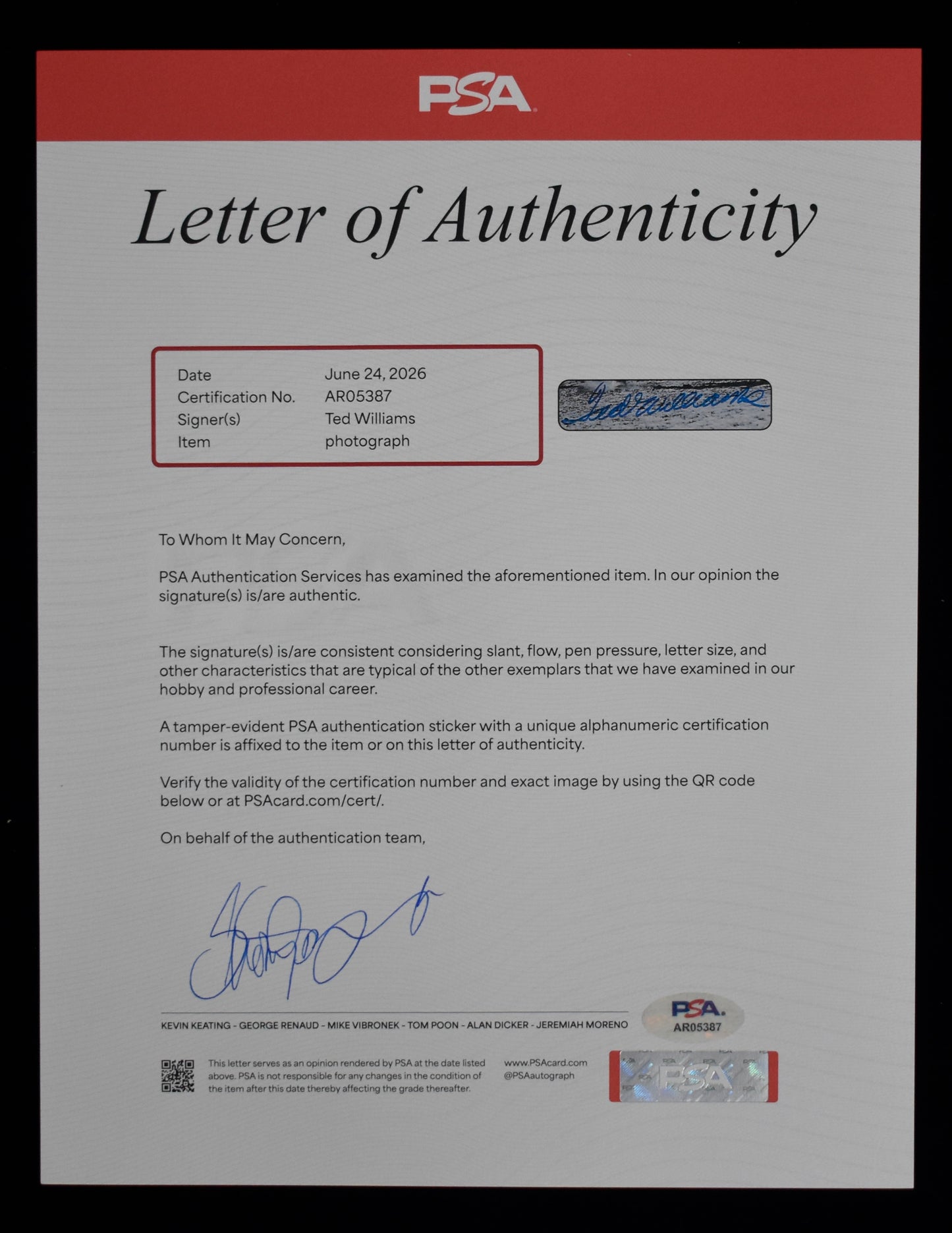 Ted Williams HOF Signed 16x20 Photo Red Sox PSA Letter Green Diamond Holo 212198