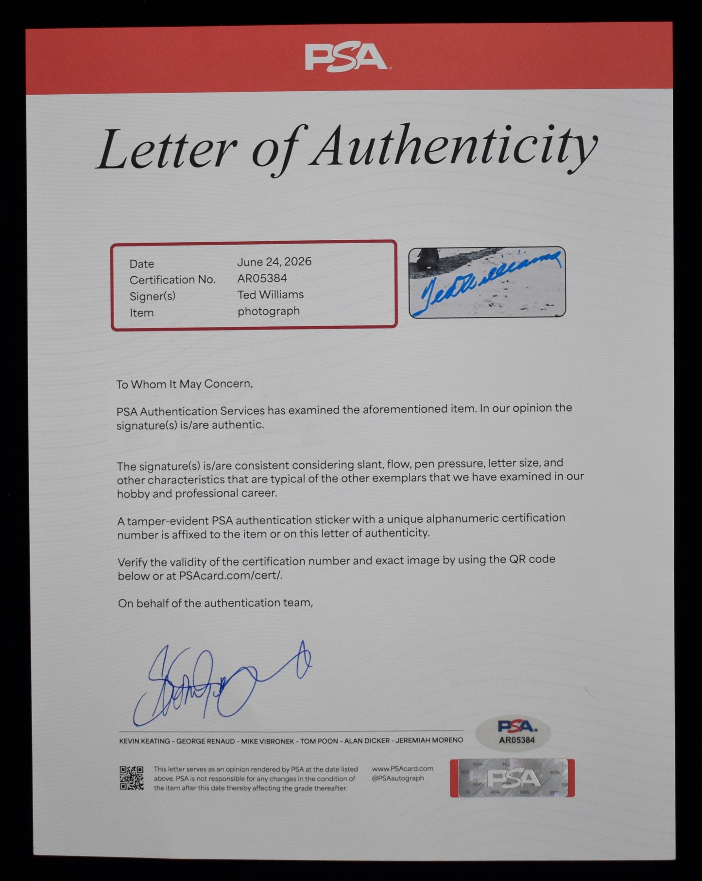 Ted Williams HOF Signed 16x20 Photo Red Sox PSA Letter Green Diamond Holo 212201