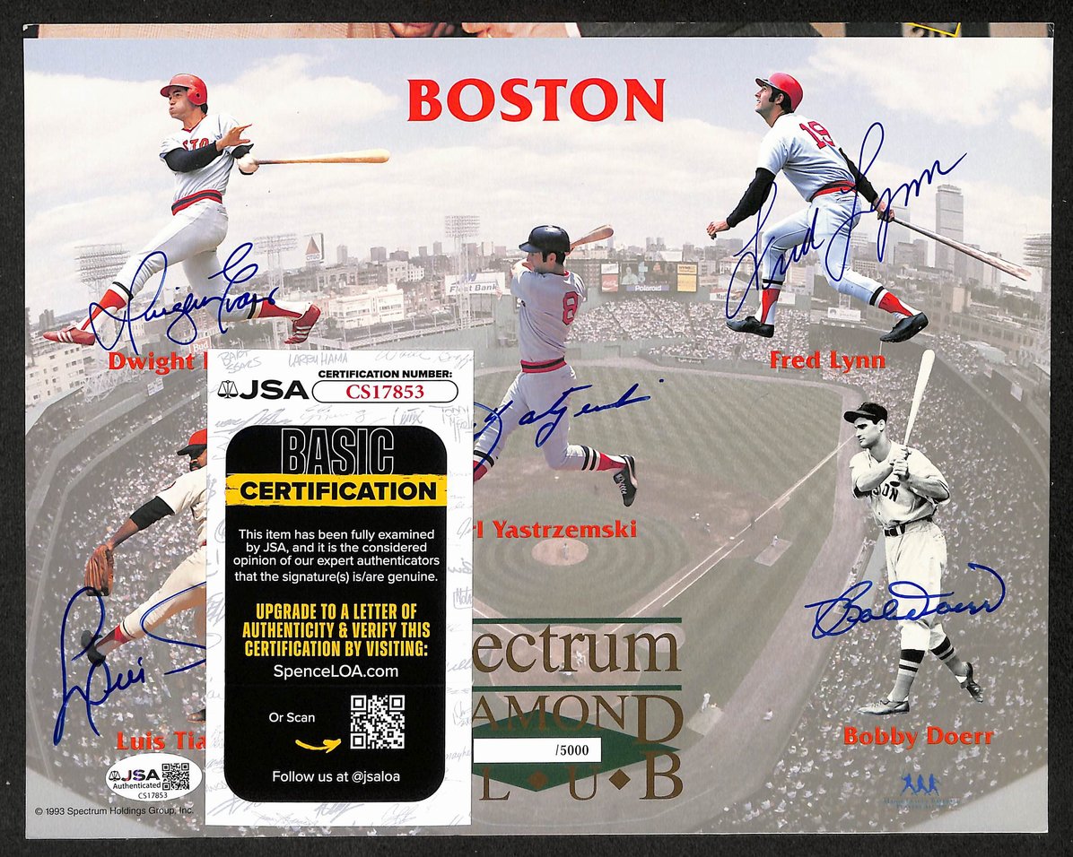 Evans Tiant Yastrzemski Lynn Doerr HOF Signed 8x10 Photo Red Sox JSA 212841