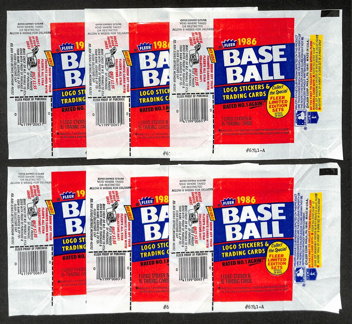 Lot of (6) 1986 Fleer MLB Baseball Wax Pack Wrappers 213935