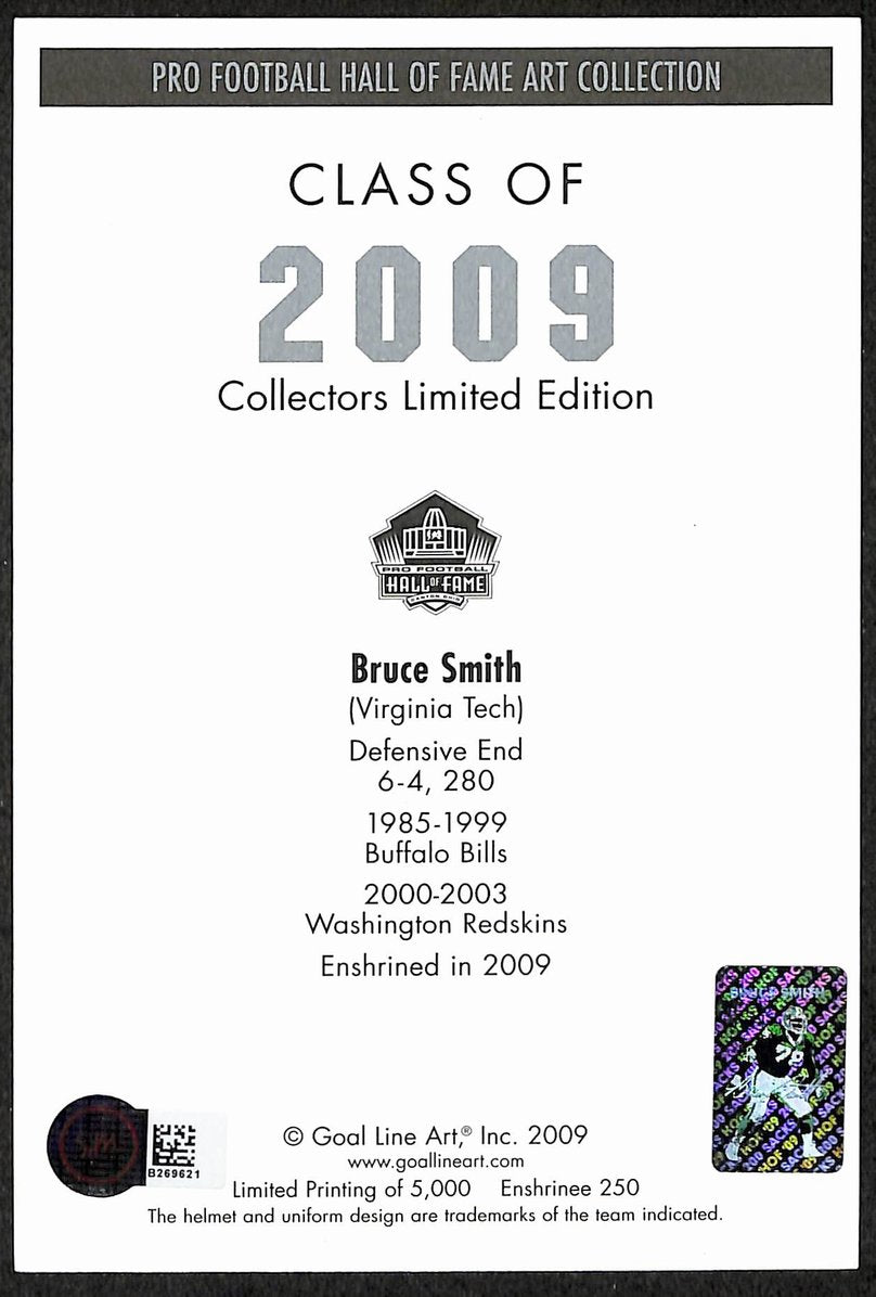 Bruce Smith HOF Bills Signed/Inscr Goal Line Art GLAC Postcard Beckett XHC122
