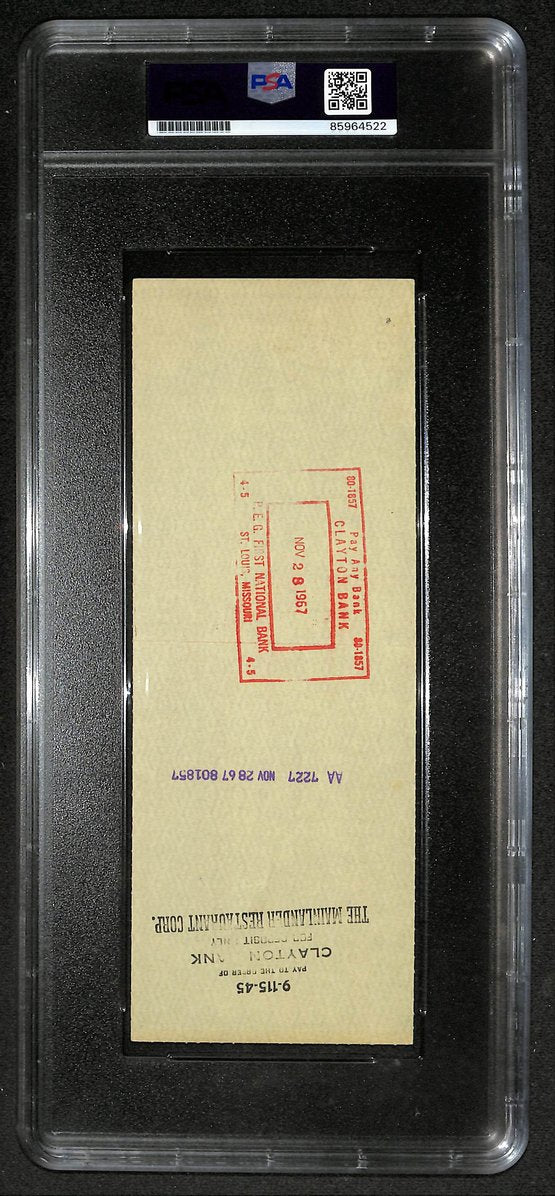 Harry Caray HOF Signed/Autographed 1967 Bank Check Cubs PSA 214692