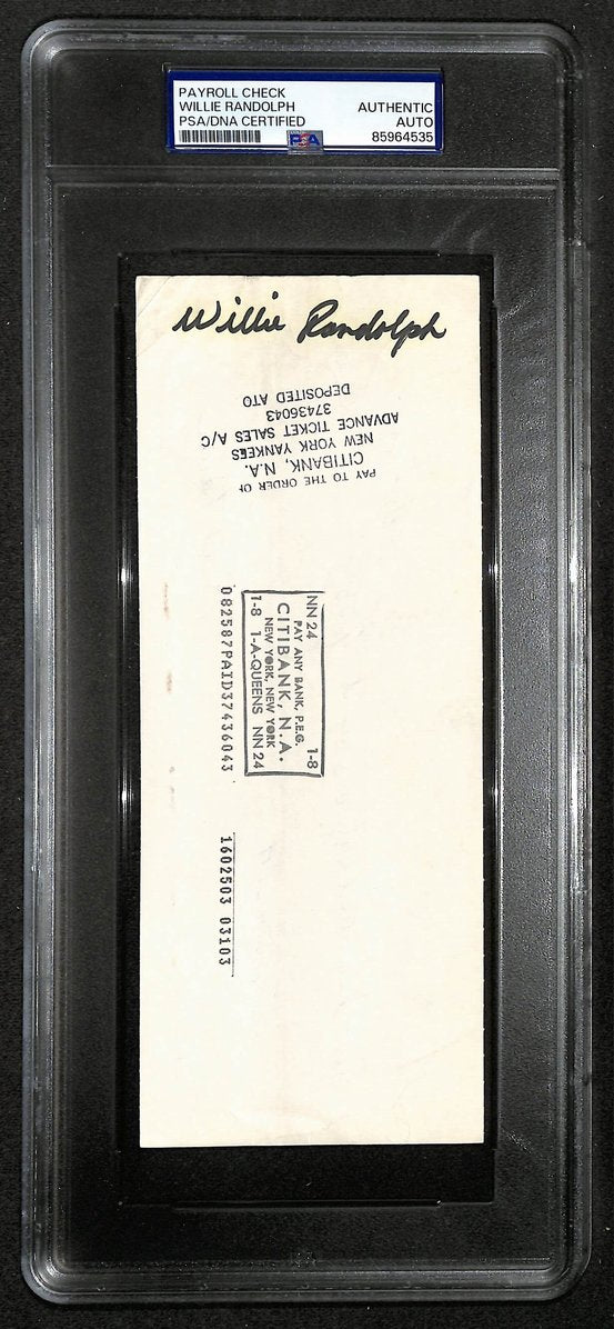 Willie Randolph Signed/Autographed 1987 Yankees Payroll Check PSA 214688
