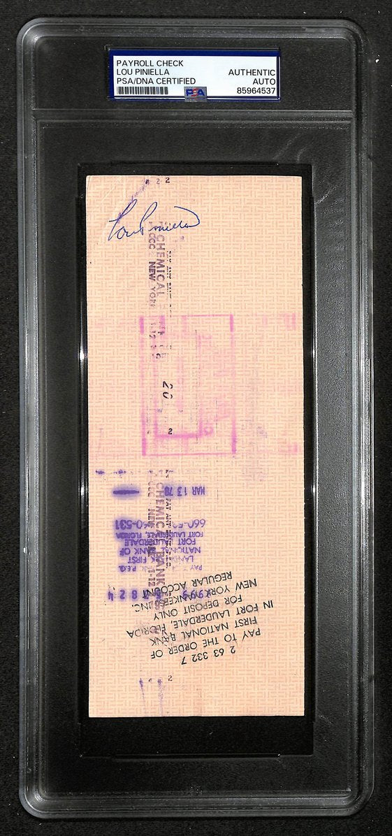 Lou Piniella Signed/Autographed 1978 Yankees Payroll Check PSA 214686