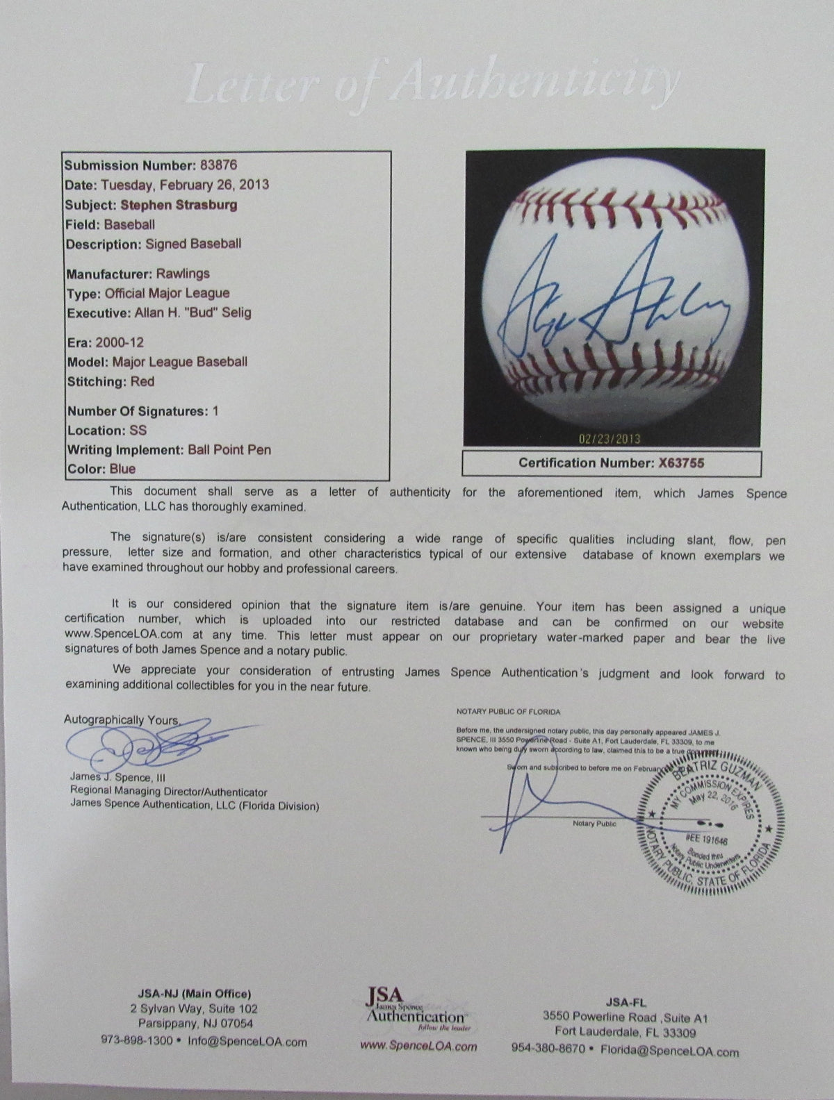 Stephen Strasburg Signed/Autographed OML Baseball Nationals JSA 213276