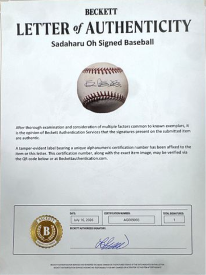 Sadahara Oh Single Signed/Autographed ONL Baseball Beckett 213298