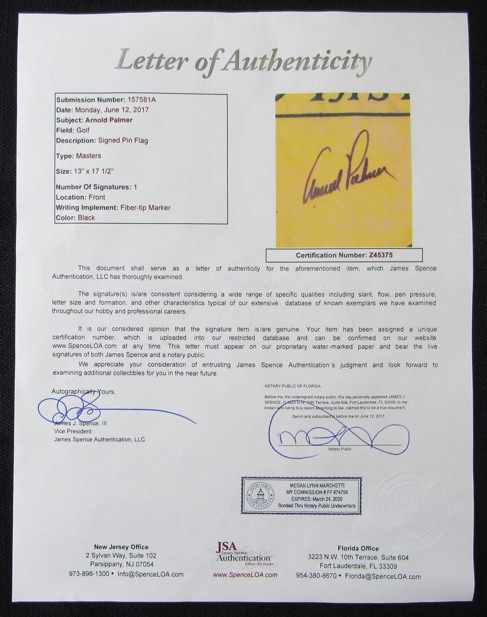 Arnold Palmer Signed/Auto Masters Pin Flag w/ Card Collage Framed JSA LOA 215341