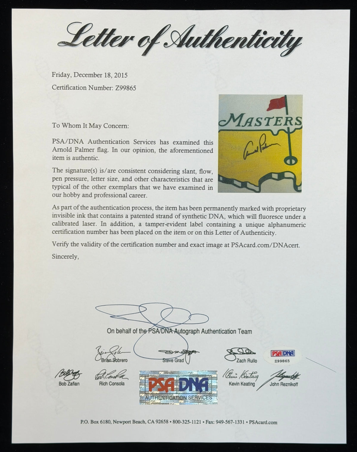 Arnold Palmer Signed/Autographed Masters Garden Flag PSA/DNA 215466