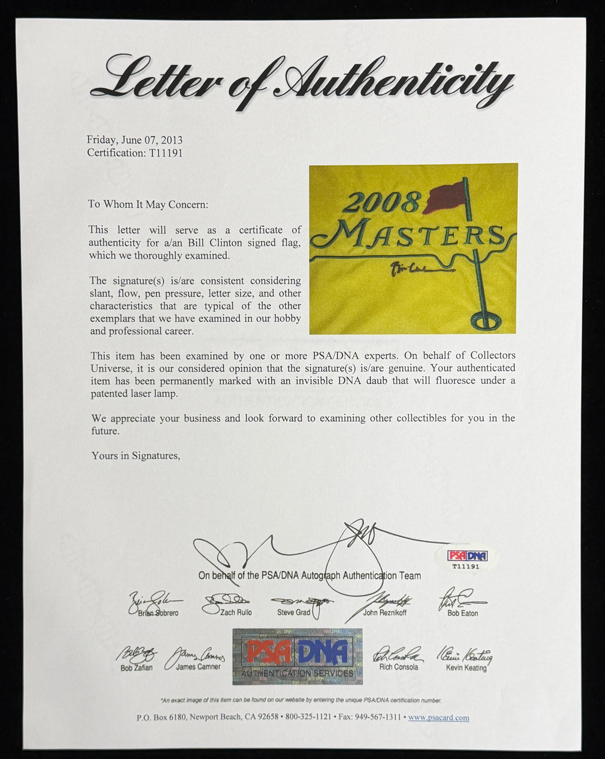 President Bill Clinton Signed/Autographed 2008 Masters Pin Flag PSA/DNA 215482
