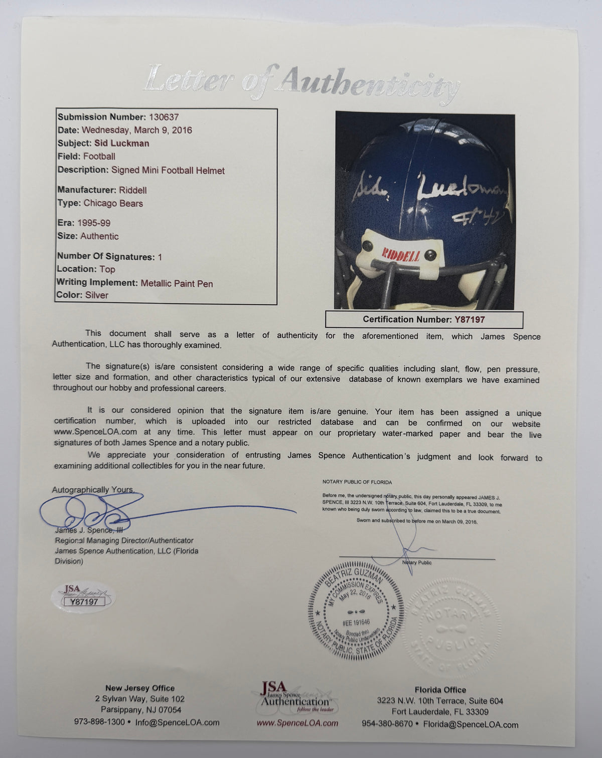 Sid Luckman HOF Signed/Autographed Chicago Bears Mini Football Helmet JSA 215562
