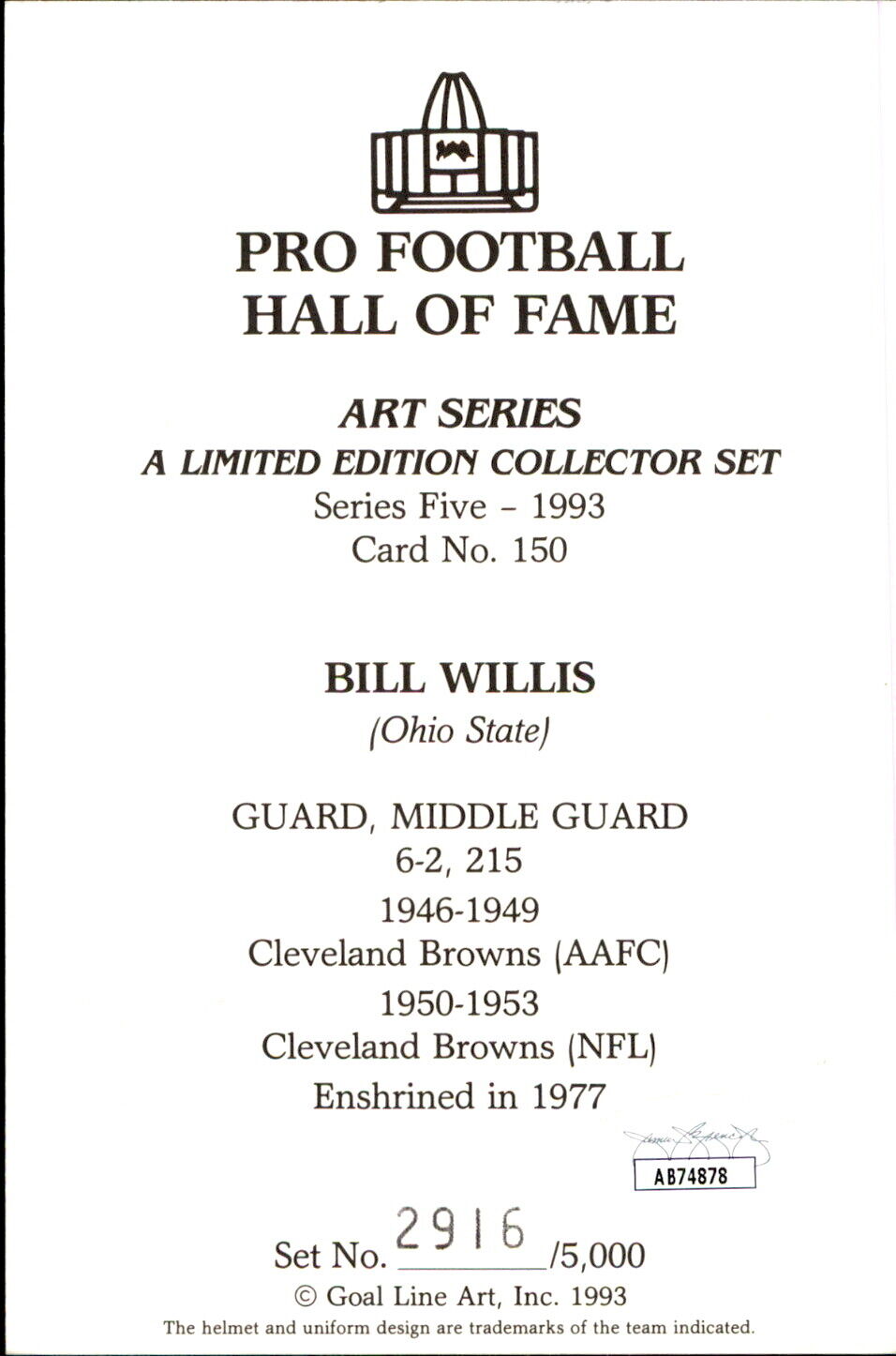 Bill Willis HOF Autographed/Inscribed Goal Line Art GLAC Postcard Browns JSA