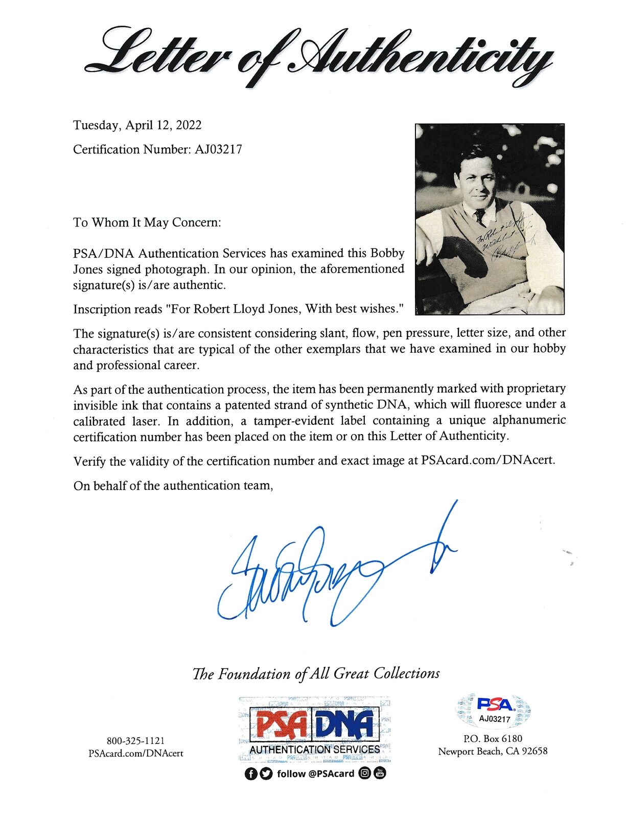Bobby Jones Golf Legend Masters Signed/Inscribed 8x10 Photo PSA/DNA 167641