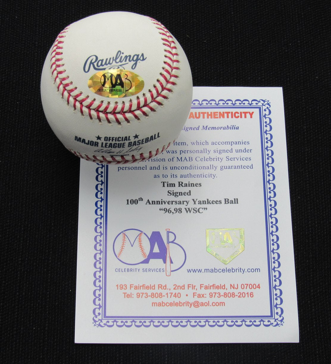 Tim Raines Signed/Auto Yankees 100th OML Baseball MAB Inscr 187096