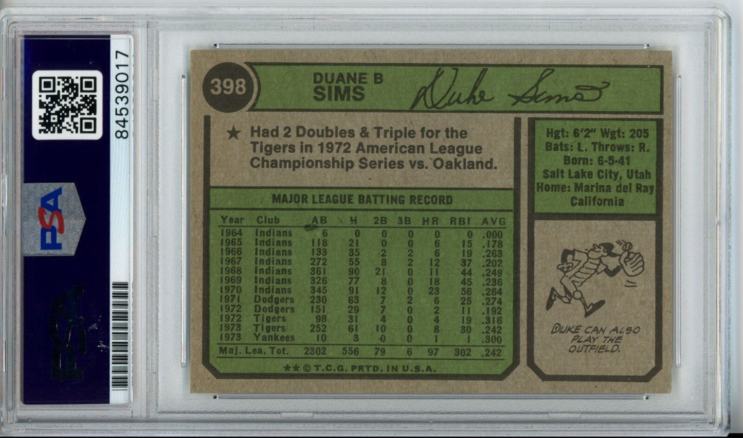 Duke Sims Yankees Signed/Autographed 1974 TOPPS Card #398 PSA/DNA 166841