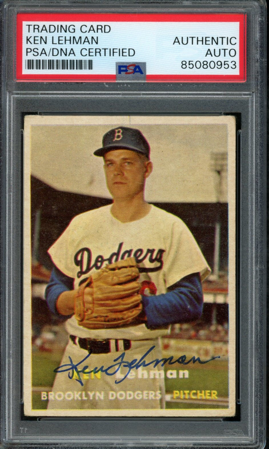 1957 TOPPS Ken Lehman #366 Auth Card Signed Brooklyn Dodgers PSA/DNA 184127