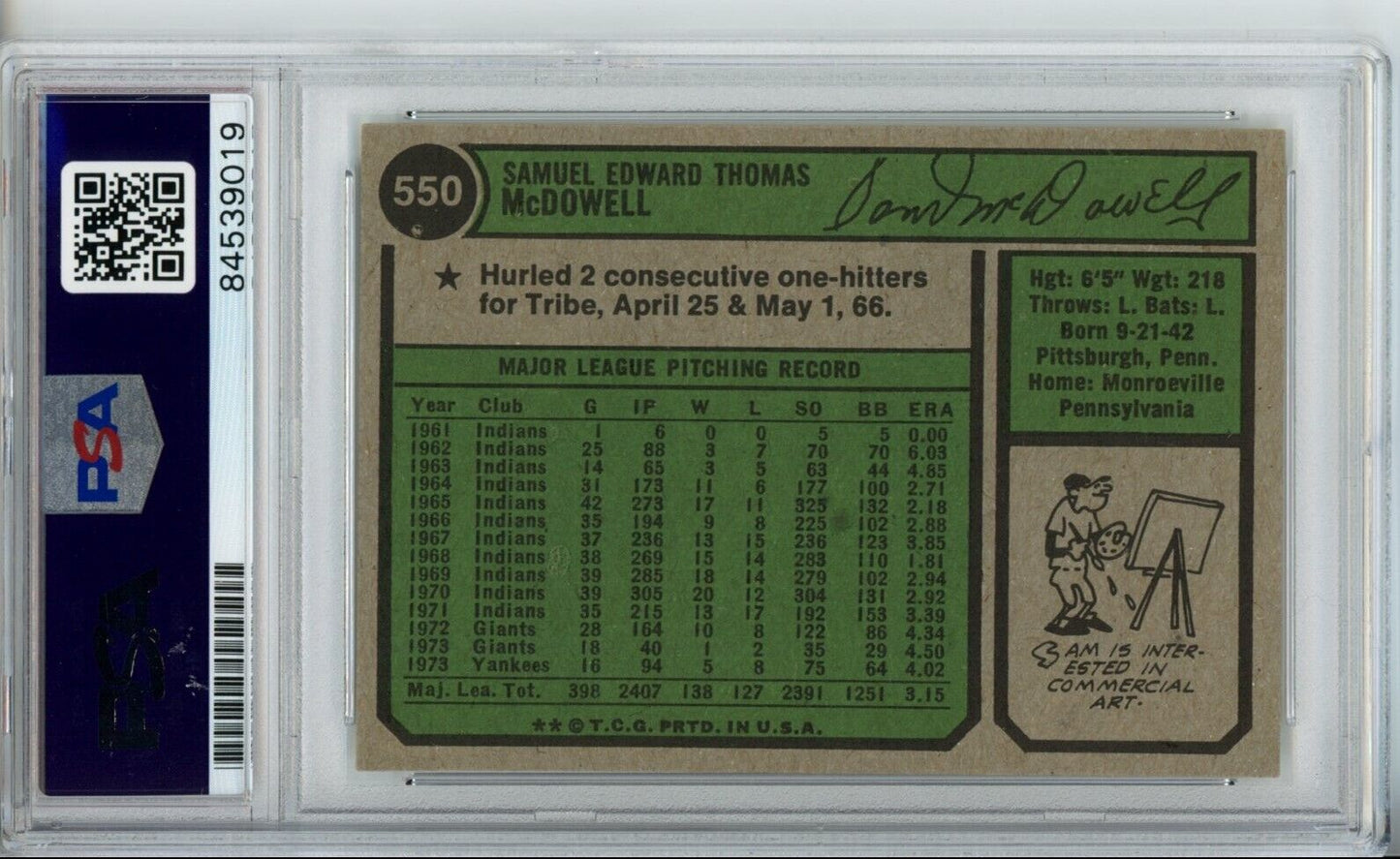 Sam McDowell Yankees Signed/Autographed 1974 TOPPS Card #550 PSA/DNA 166843
